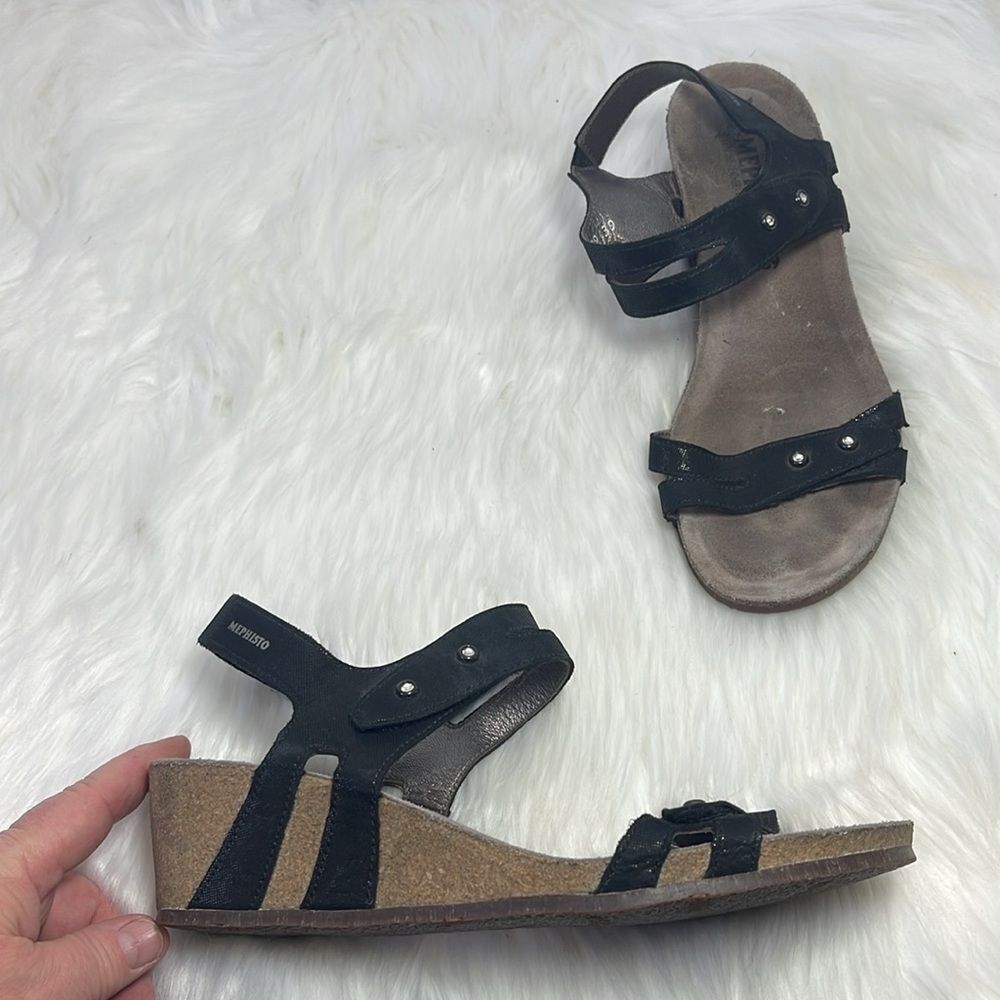 Mephisto Minos Black Rhinestone Trim Strappy Wedge Sandals Sz‎ 39/US 9